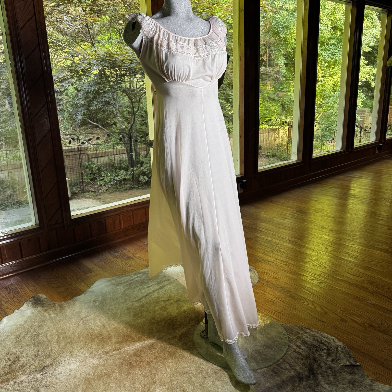 Vintage 1960s Pink Nylon Tricot Nightgown Lace Ruffle Empire Waist Maxi Gown