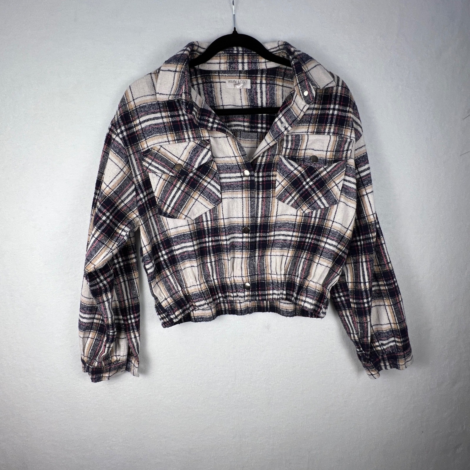 Warm & Cozy Lifestyle Womens M Plaid Cropped Flannel Shacket Snap Front Jacket
