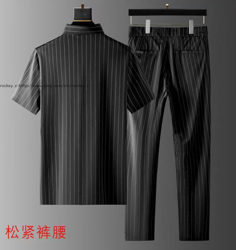New Summer Ice Silk Mens T-Shirt+Pants Sets Short Sleeve Stripe Thin Outfits Set