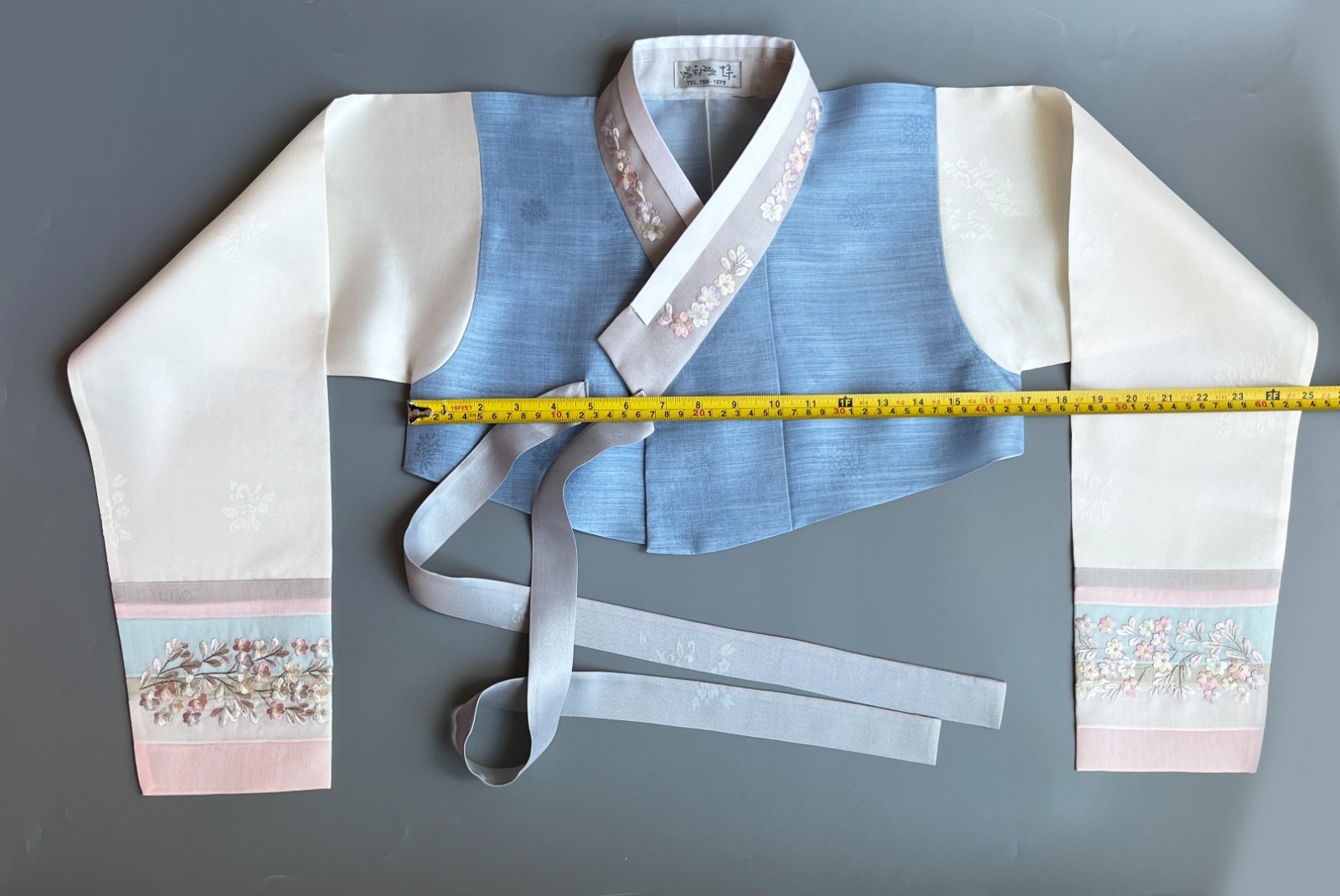 Premium Silk Traditional Korean Hanbok Dress–Light Blue & Pink/Hand bag / Junior