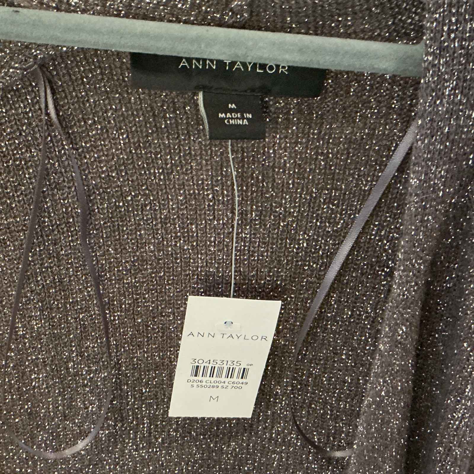 Ann Taylor Metallic Knit Open Front Cardigan Sweater w/ Pockets Gray M