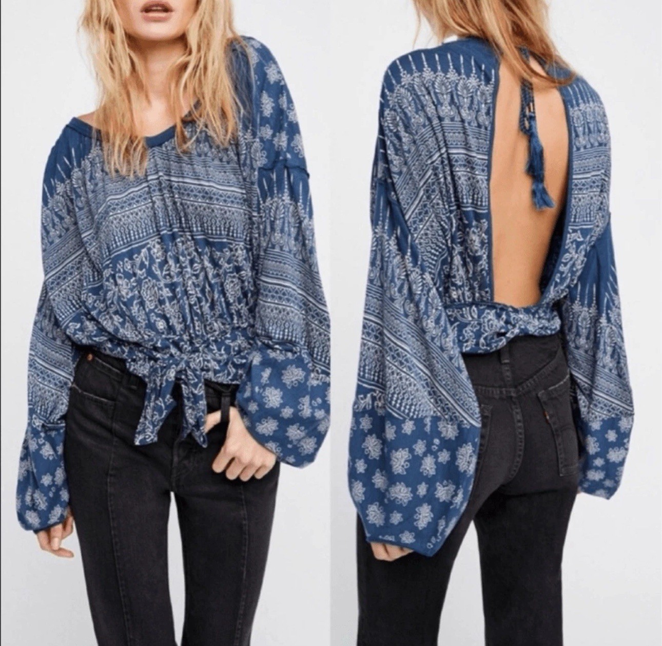 Free People Weekend Warrior Blue Tie Waist Open Back Blouse Hippie Boho Womens M