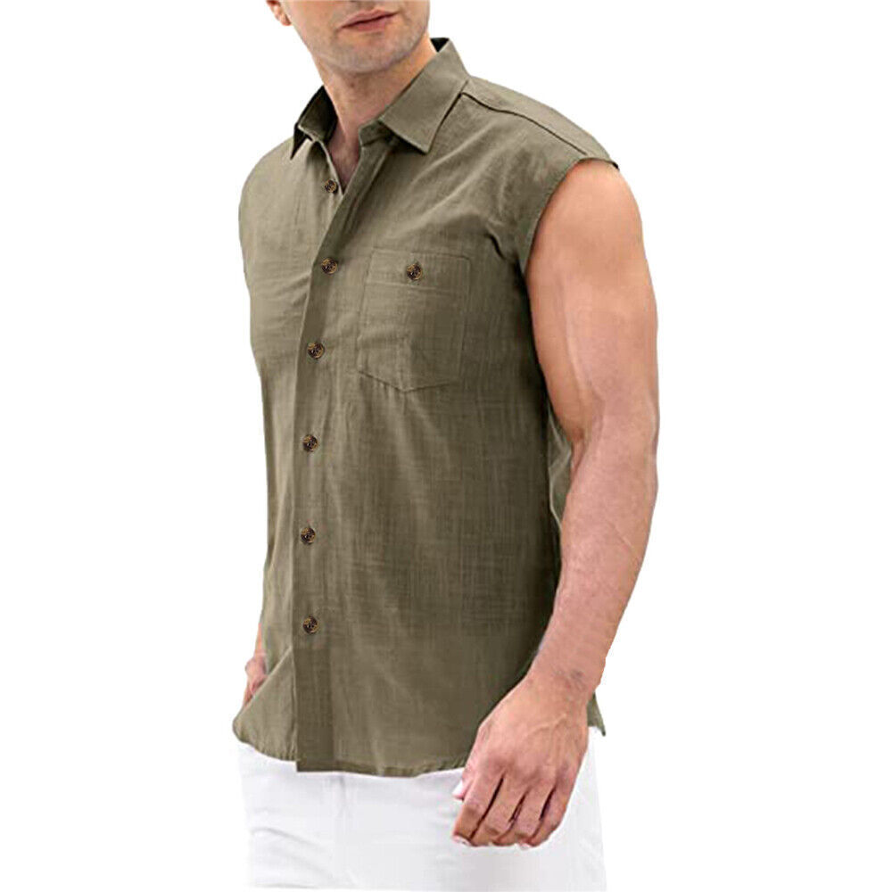 Men Solid Sleeveless Button Down Shirt with Chest Pockets Breathable Tank Top
