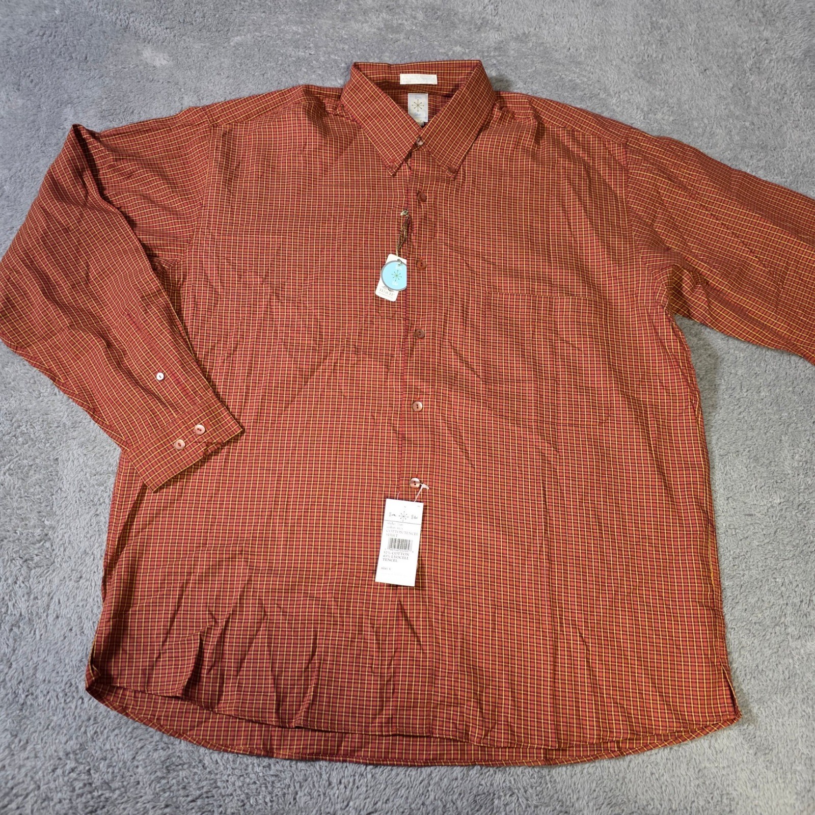 Burma Bibas Mens L Button Down Shirt Rust Orange Plaid Cotton Tencel 7148 NEW
