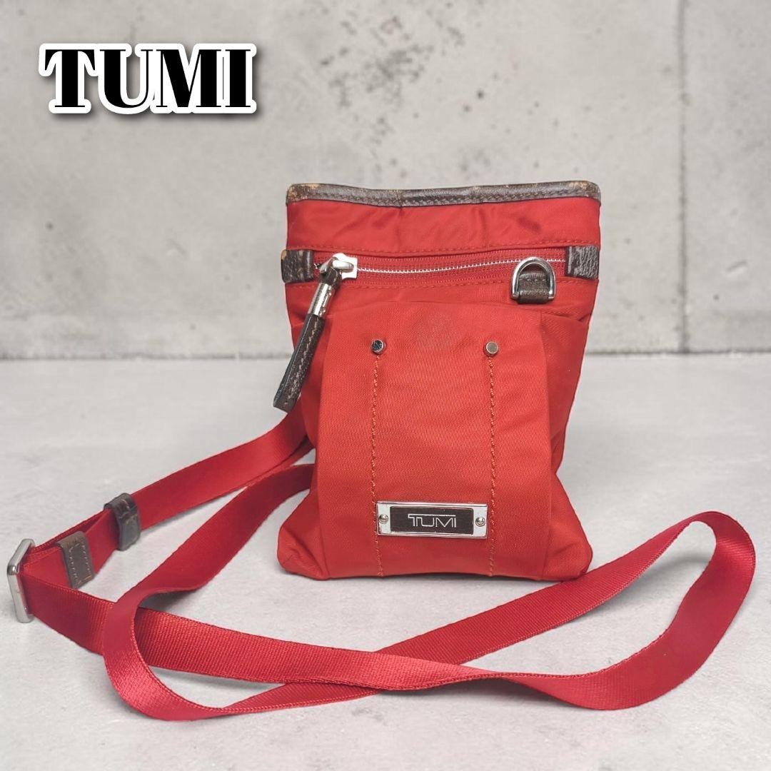 TUMI Red Nylon Crossbody Sacoche Mini Pouch Leather Trim Auth From JAPAN