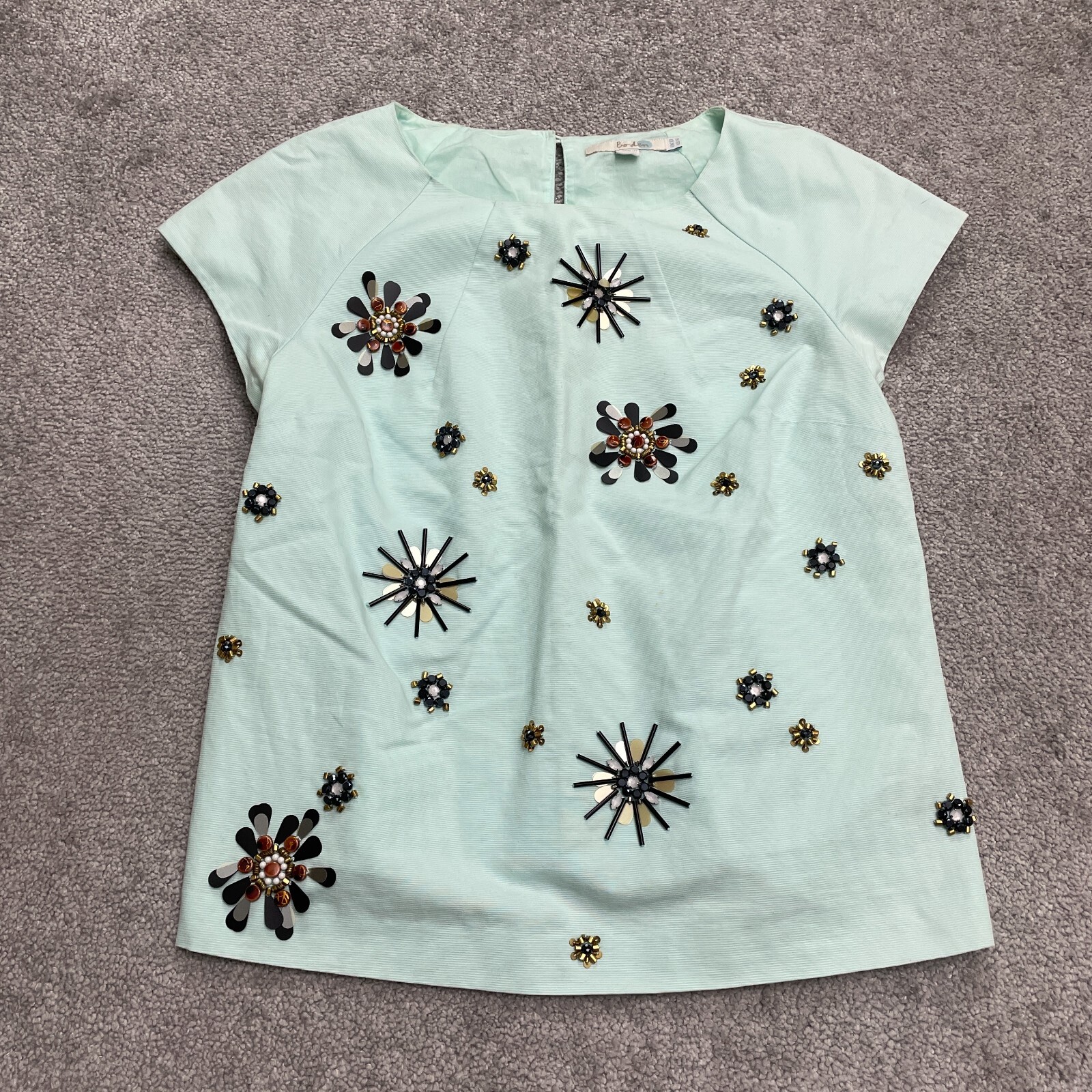 Boden Embellished Beaded Floral Top Blouse Womens 10 Min Green Cotton Stretch