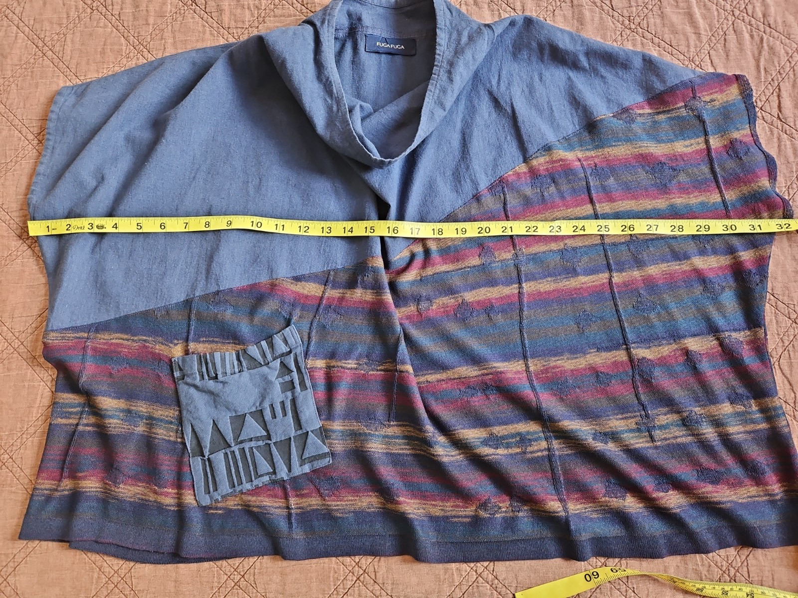 FUGA FUGA O/S Blue/Multi Linen Blend Mixed Media Boxy Cropped Top Mesh