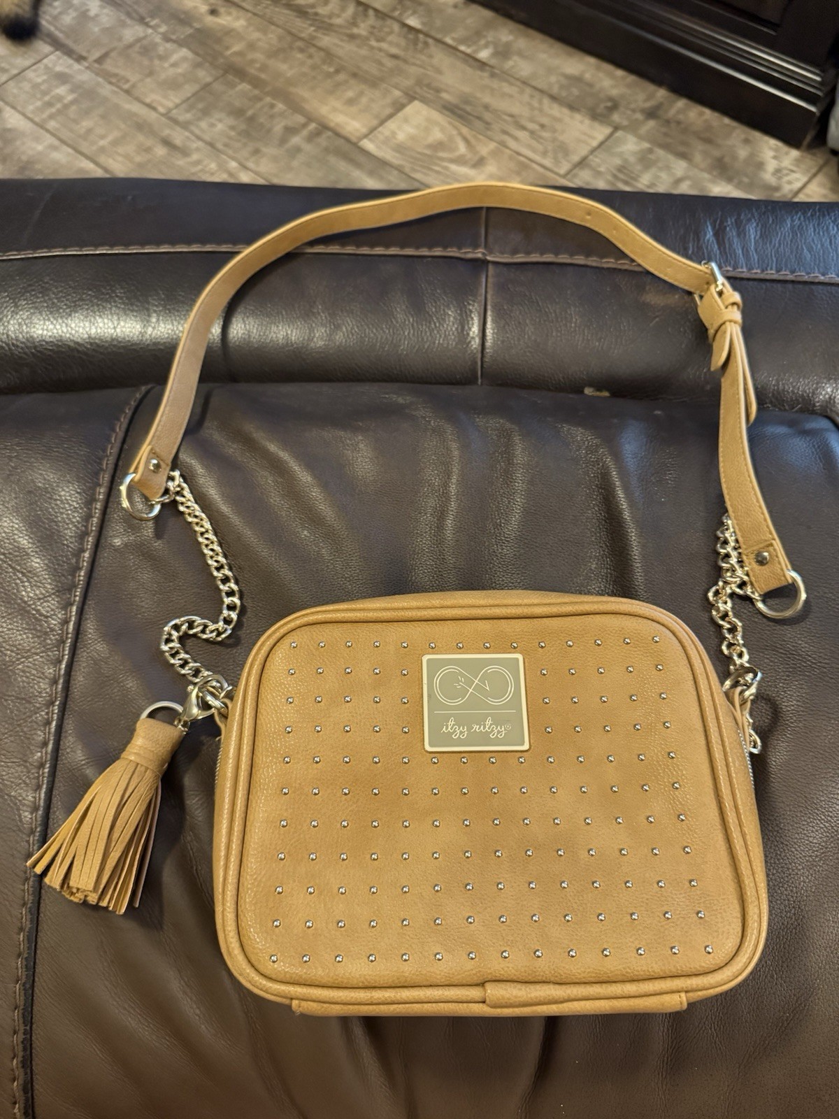 Itzy Ritzy Chelsea & Cole Diaper Bag Tan/Mustard Studded Crossbody Changing Pad