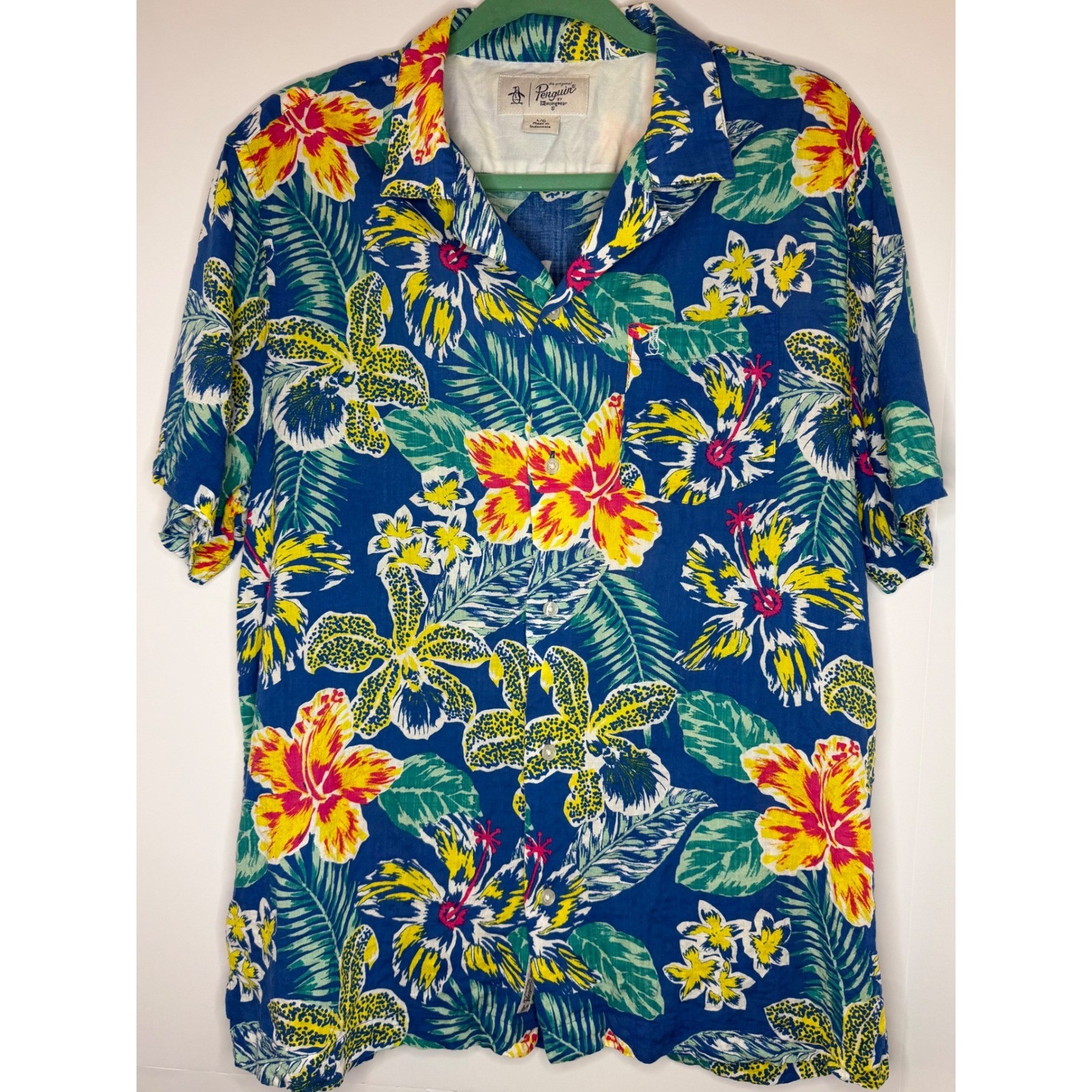Original Penguin Mens Floral Tropical Button Down Shirt Blue Large Short Sleeve