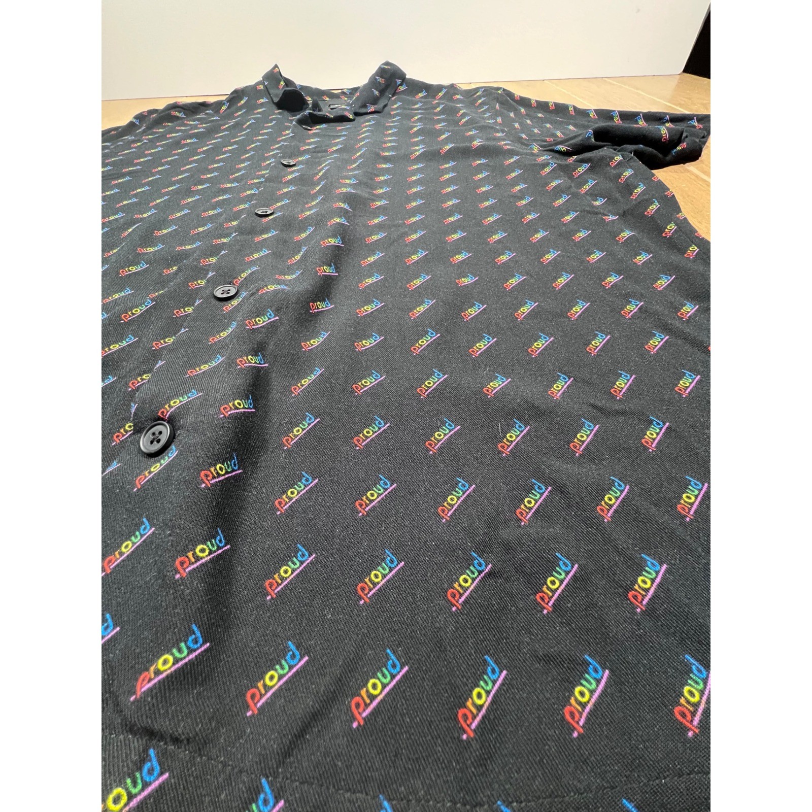 H&M Mens XL Black Rainbow Proud All Over Print Camp Collar Short Sleeve Shirt