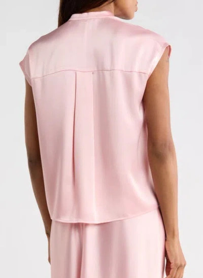 Vince M Medium Womens Blouse Rose Pink Satin Split V Cap Sleeve Popover $295