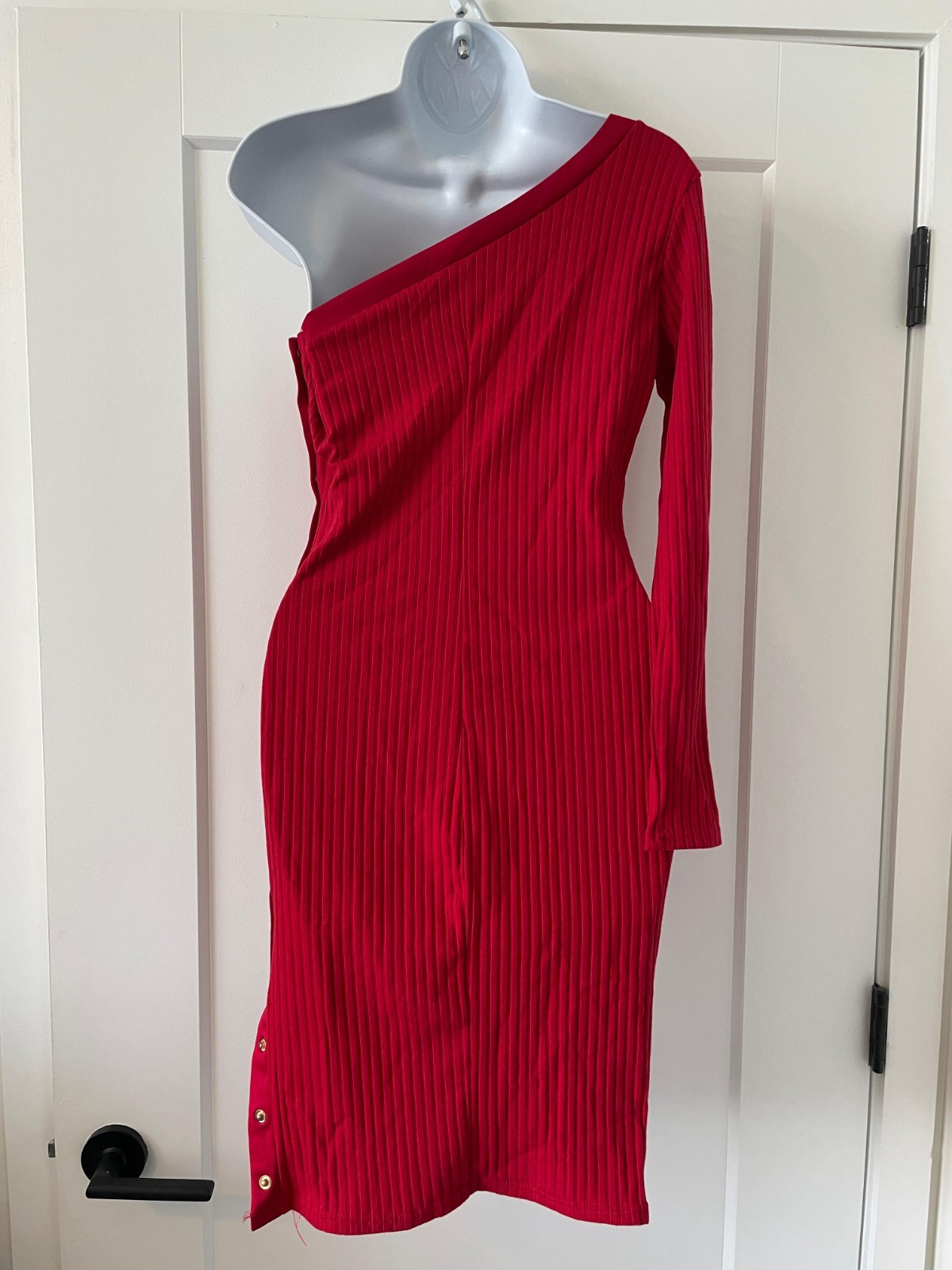 New Without Tag Red One Shoulder Bodycon Rib Knit Dress with Gold Button Detail