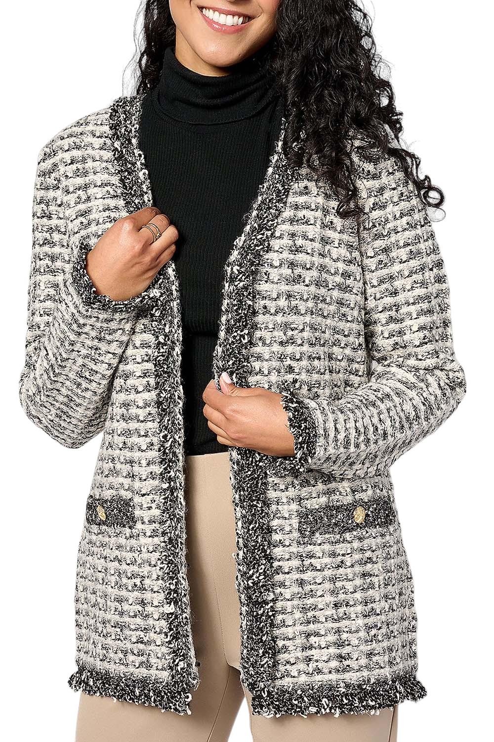 Isaac Mizrahi Live! Women’s Fringe Trim Tweed Jacket w/ Pockets Black