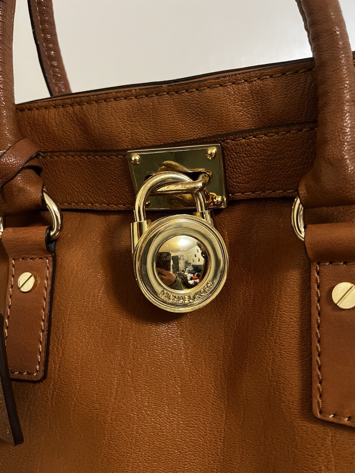 Michael Kors Brown Pebbled Satchel Top Handle Chain Padlock Snap Gold Hardware