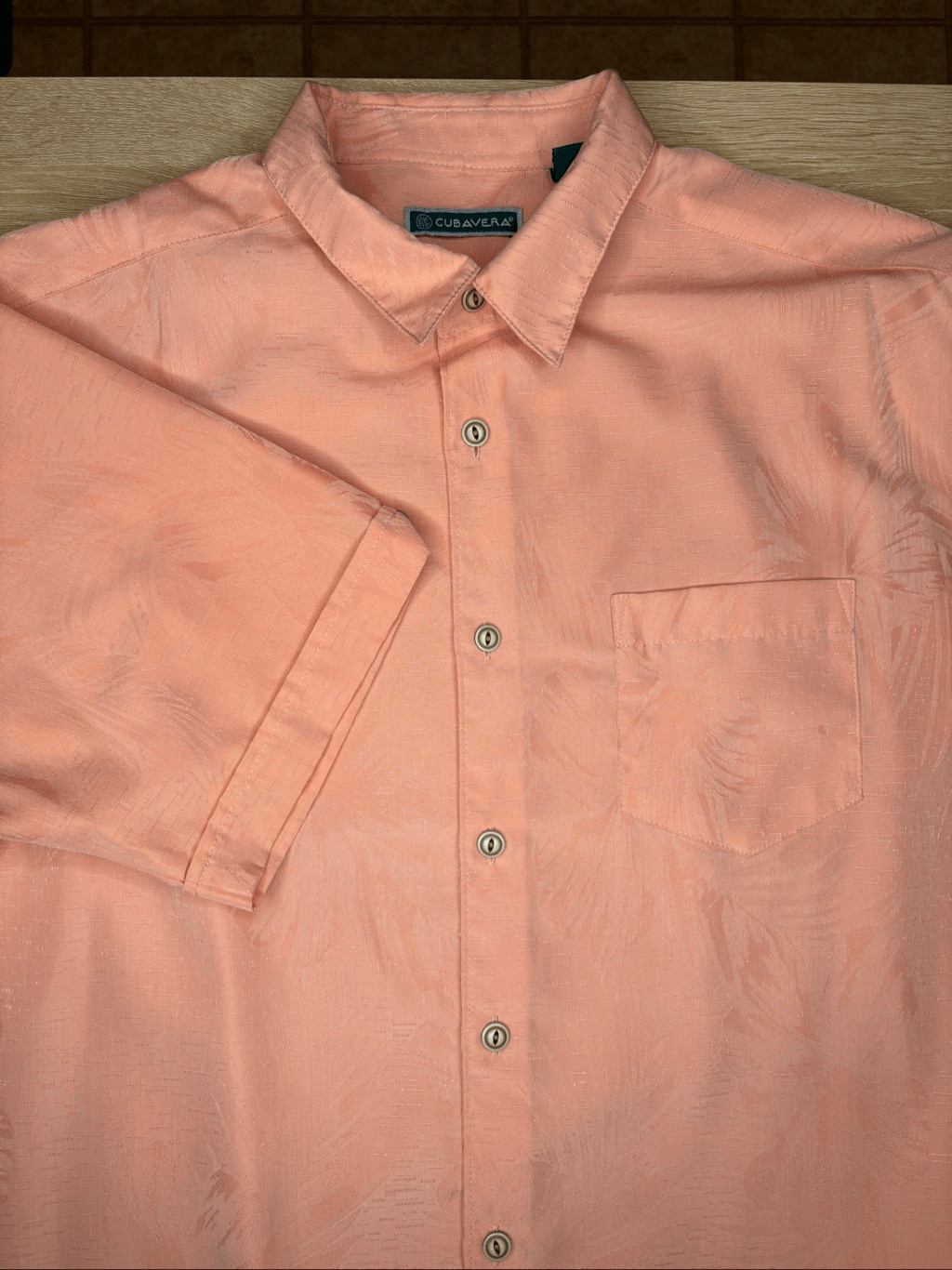 Cubavera Men’s Large Peach Tropical Jacquard Button Front Shirt Short Sleeve 121