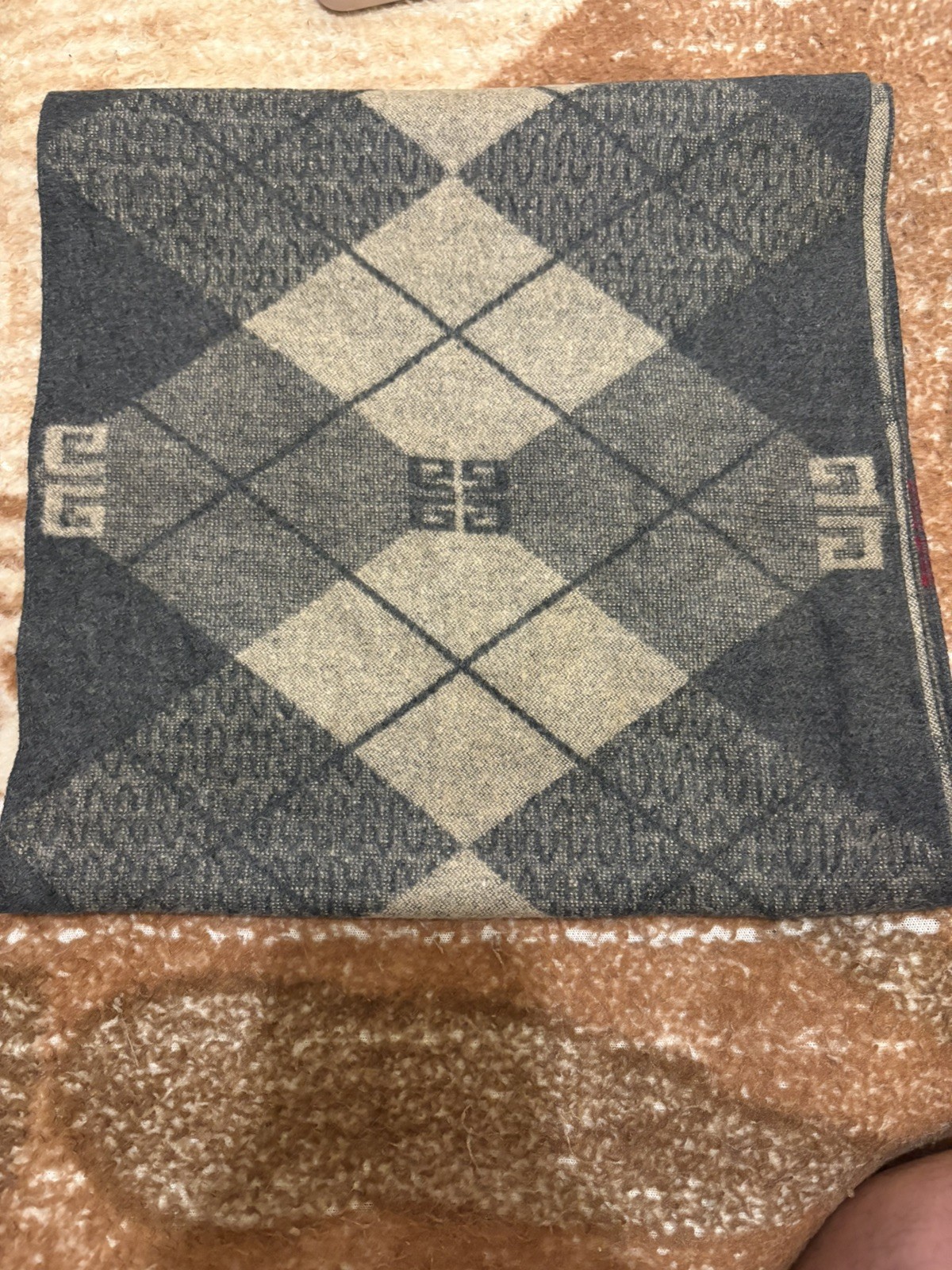 Givenchy Scarf Charcoal Grey & Tan Argyle Plaid Red 4G Logo Border Wool Blend