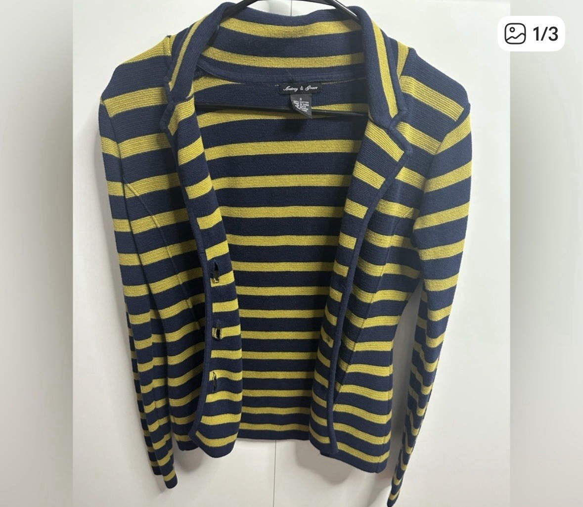 Audrey & Grace 100% Cotton Striped Cardigan Sweater Navy Yellow Collared S