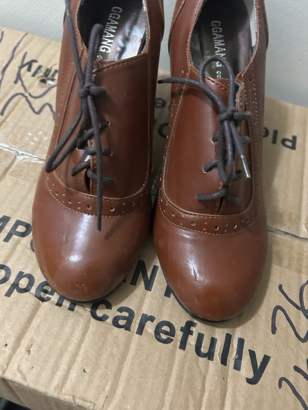 GGAMANG Korea Brown Faux Leather Oxford Heels Lace Up Brogue Shoes US 6.5