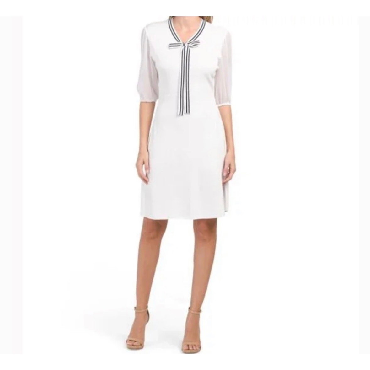 NWT Nanette Lepore Brilliant White Black Tie Neck Fit And Flare Dress Size M