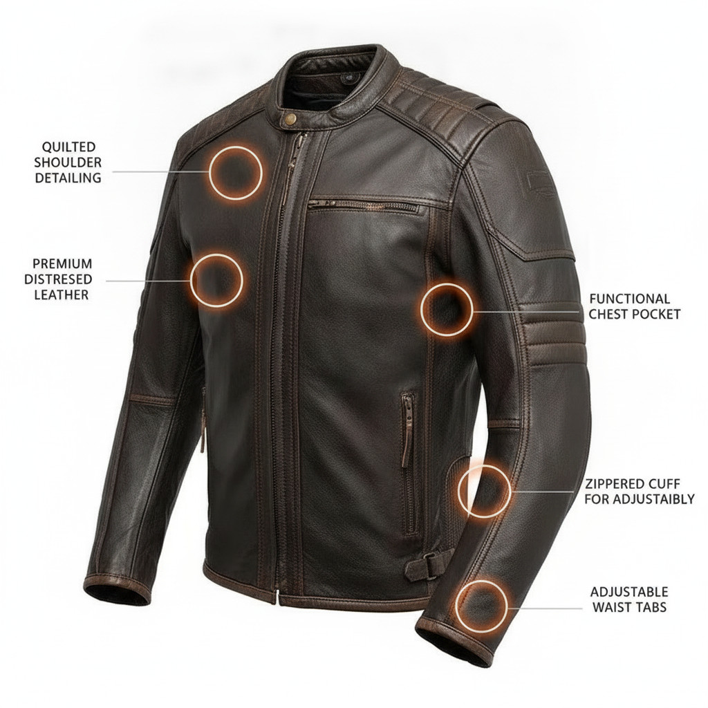 Men’s Distressed Brown Real Leather Motorcycle Biker Jacket Cafe Racer Vintage