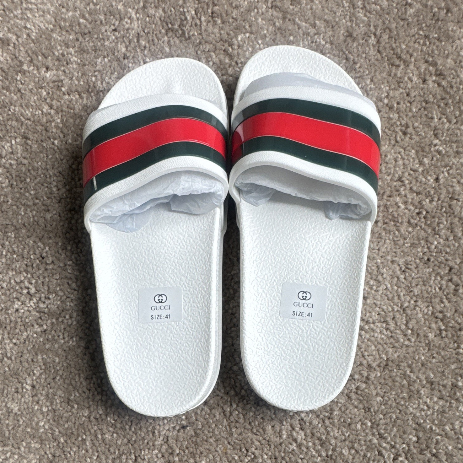 Gucci Logo Web Stripe Rubber Slide Sandals White/Red/Green Men’s US 8 EU41