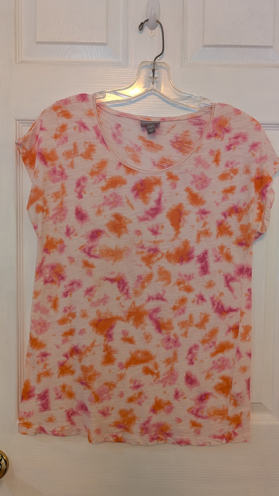 J Jill Tie Dye Tee Shirt Pink Orange White 100% Soft Cotton Round Neckline S Euc
