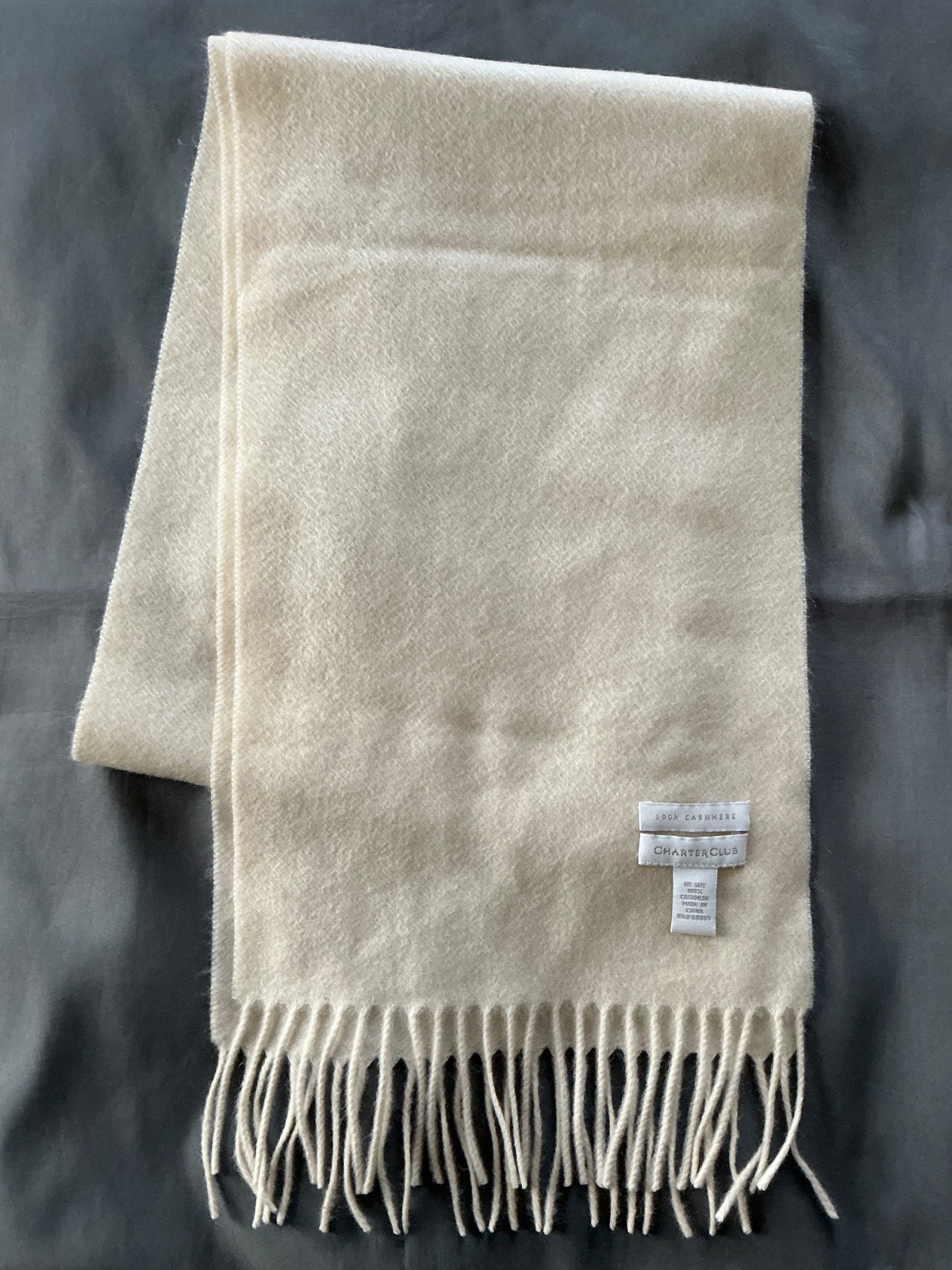 Charter Club Cashmere Fringed Womens Scarf Cream 68×10 EXC Rectangular Macys