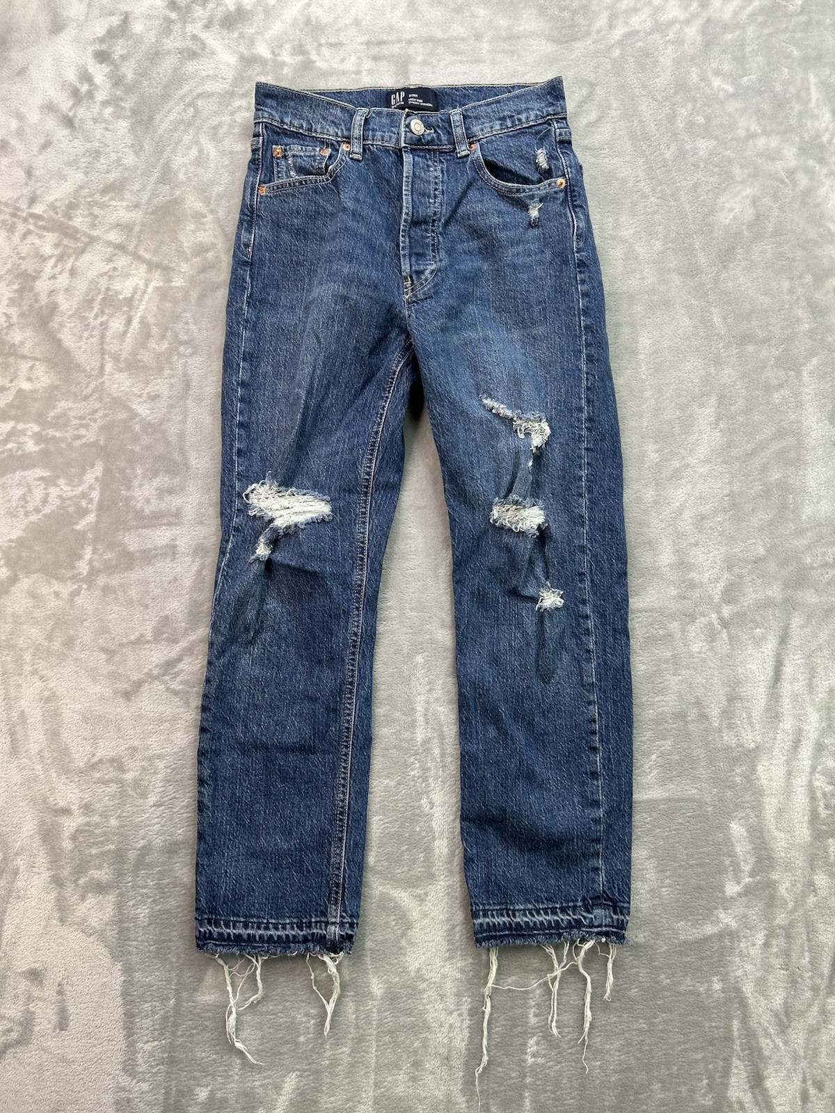 Gap Womens Jeans Sz 2/26R Blue Cheeky Straight High Rise Distressed Button Fly