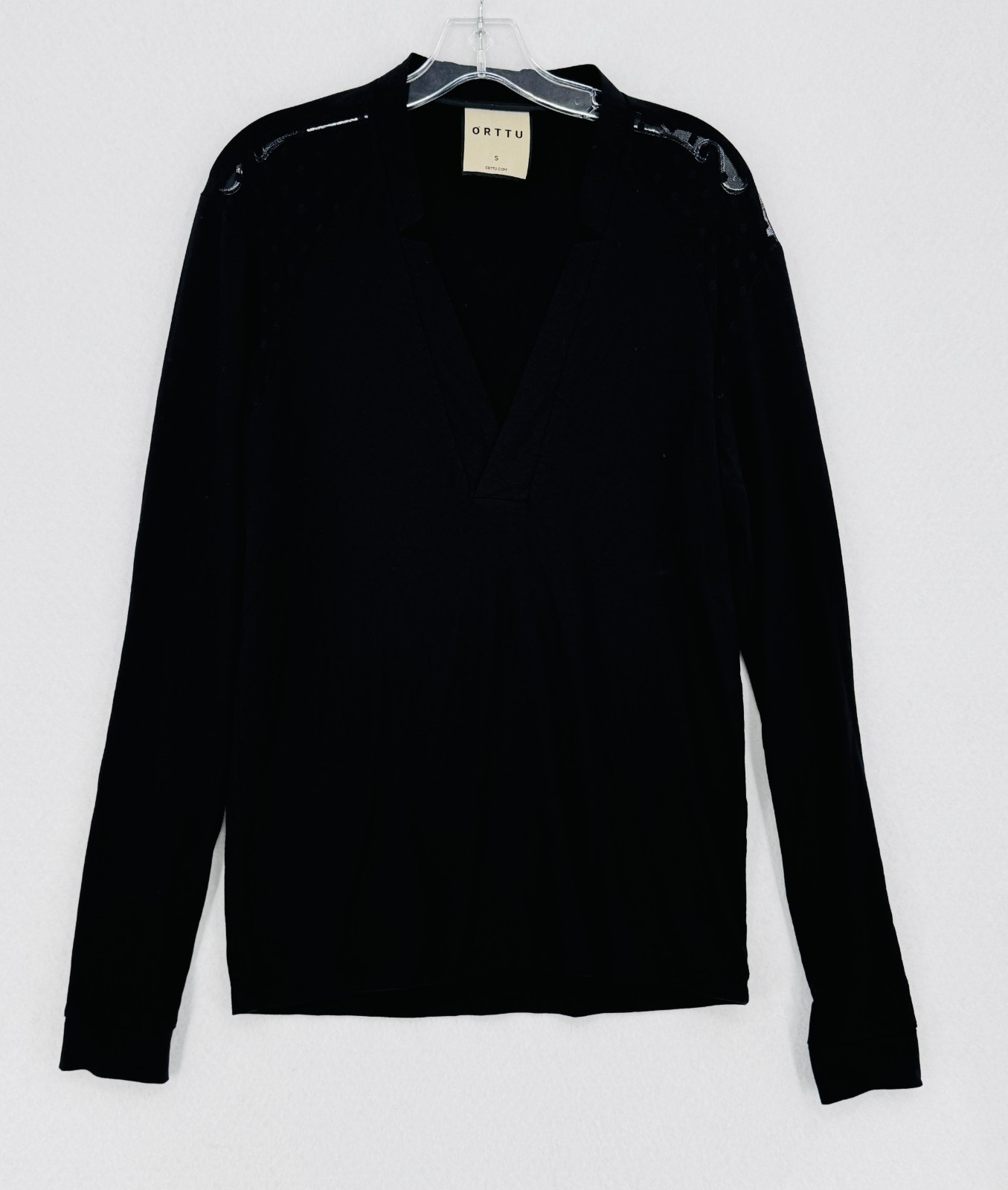 ORTTU Star Neck Mens Black Mesh Detail Deep V Neck Long Sleeve Shirt Sz S