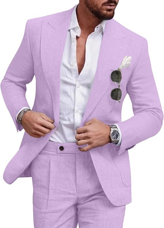 Linen Men’s Suit Set Casual Tuxedo 2 Piece Regular Fit Blazer One Button Jacket