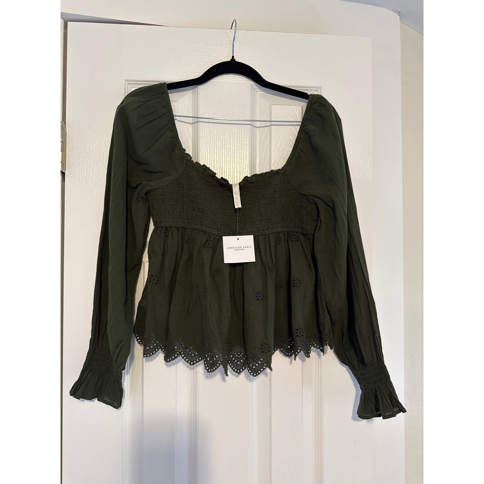 American Eagle NWT Olive Green Eyelet Peplum Blouse Size Small Smocked Boho Top