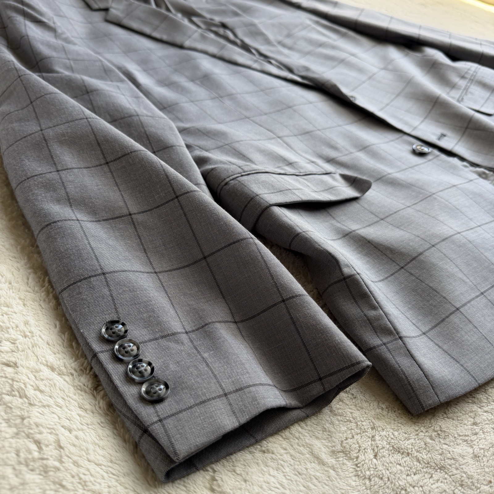 Lineage Mens 2pc Window Pane Suit 48R 40W Polyester Blend Light Grey Stretch