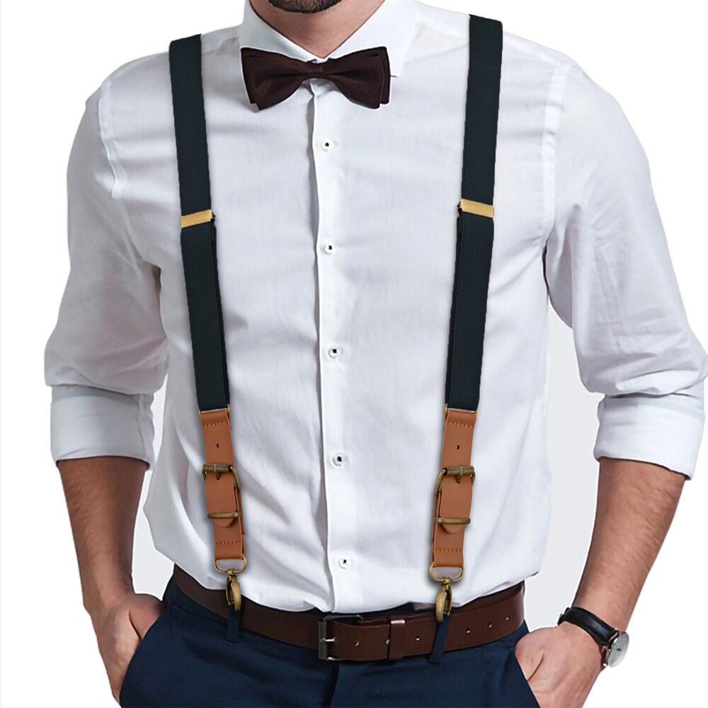 Mens Leather Suspenders Adjustable Elastic Y-Shaped Braces Hooks Pants Brace