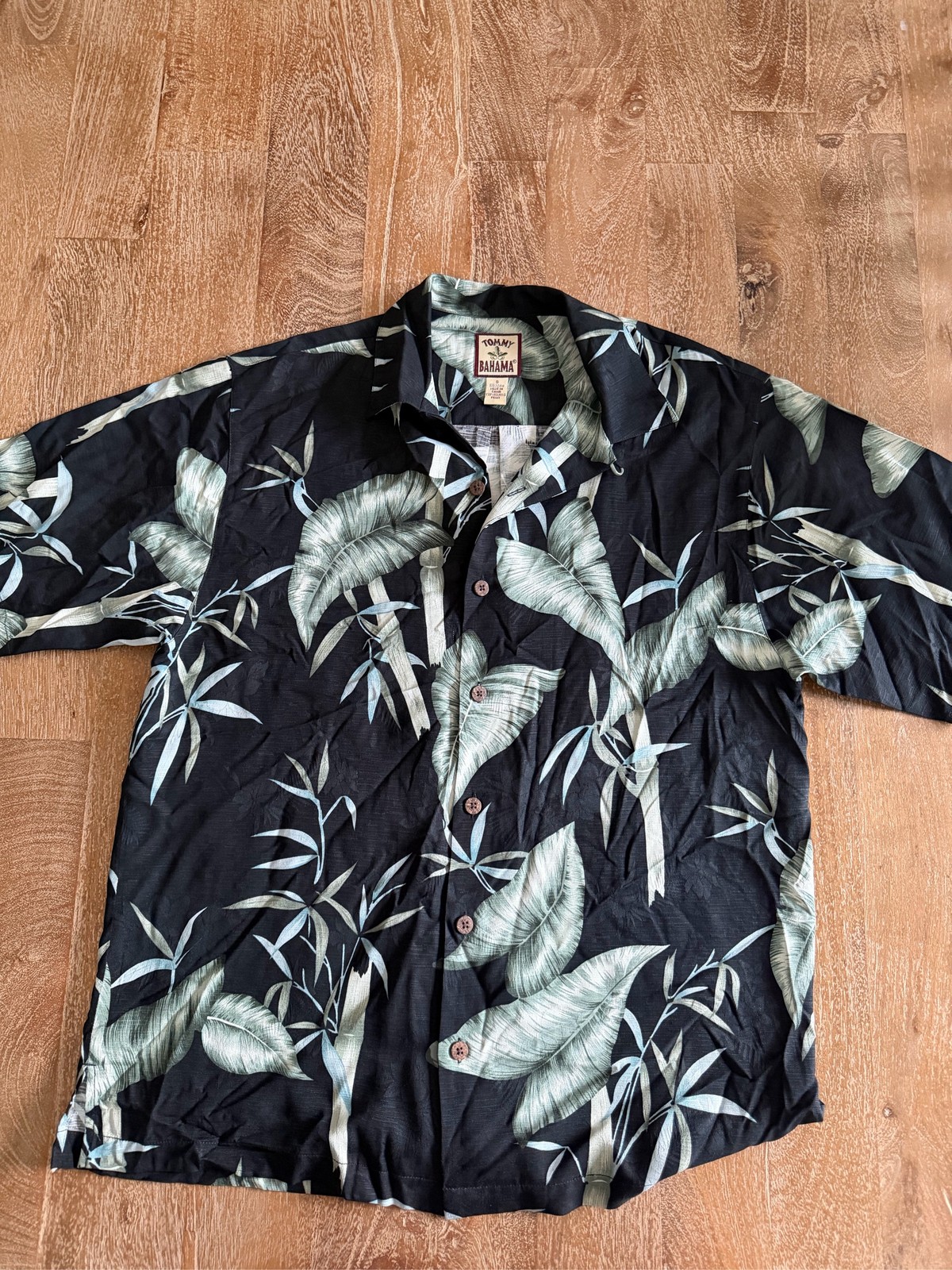 Tommy Bahama Mens Silk Black Bamboo Palm Leaf Hawaiian Camp Shirt
