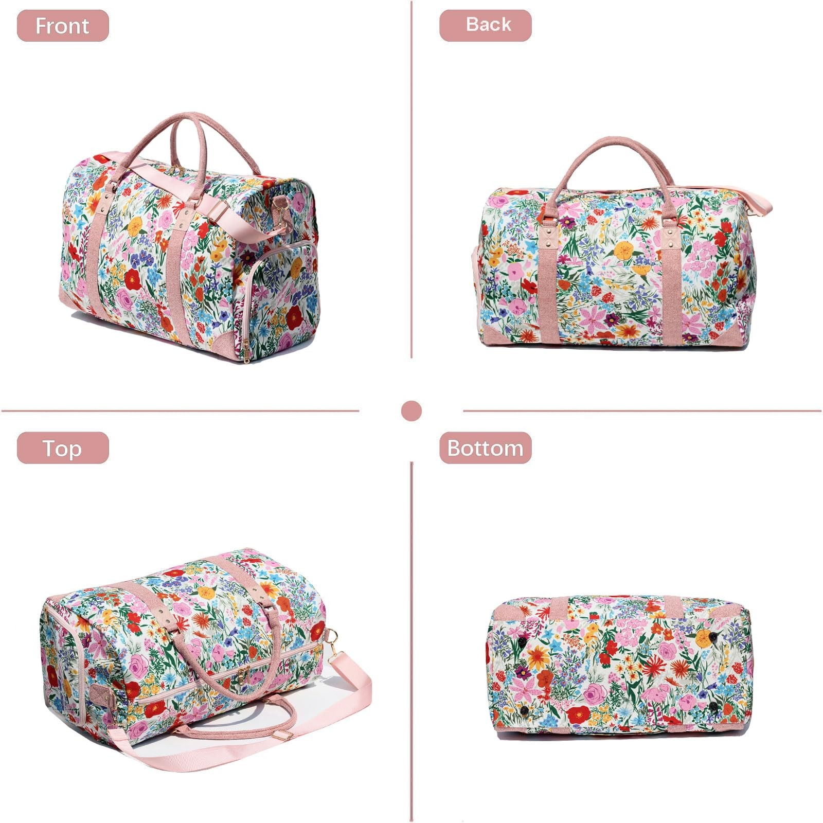 Travel Duffle Bag, Weekender Bag 21.7 x 9.3 x 11.8 inches, Canvas Pink flower
