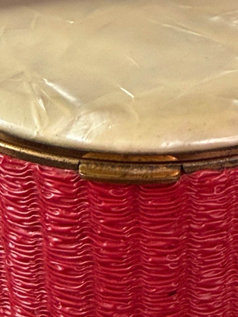 Vintage 1950s red round box purse, vinyl mirror Lin-Bren handbag cylinder small