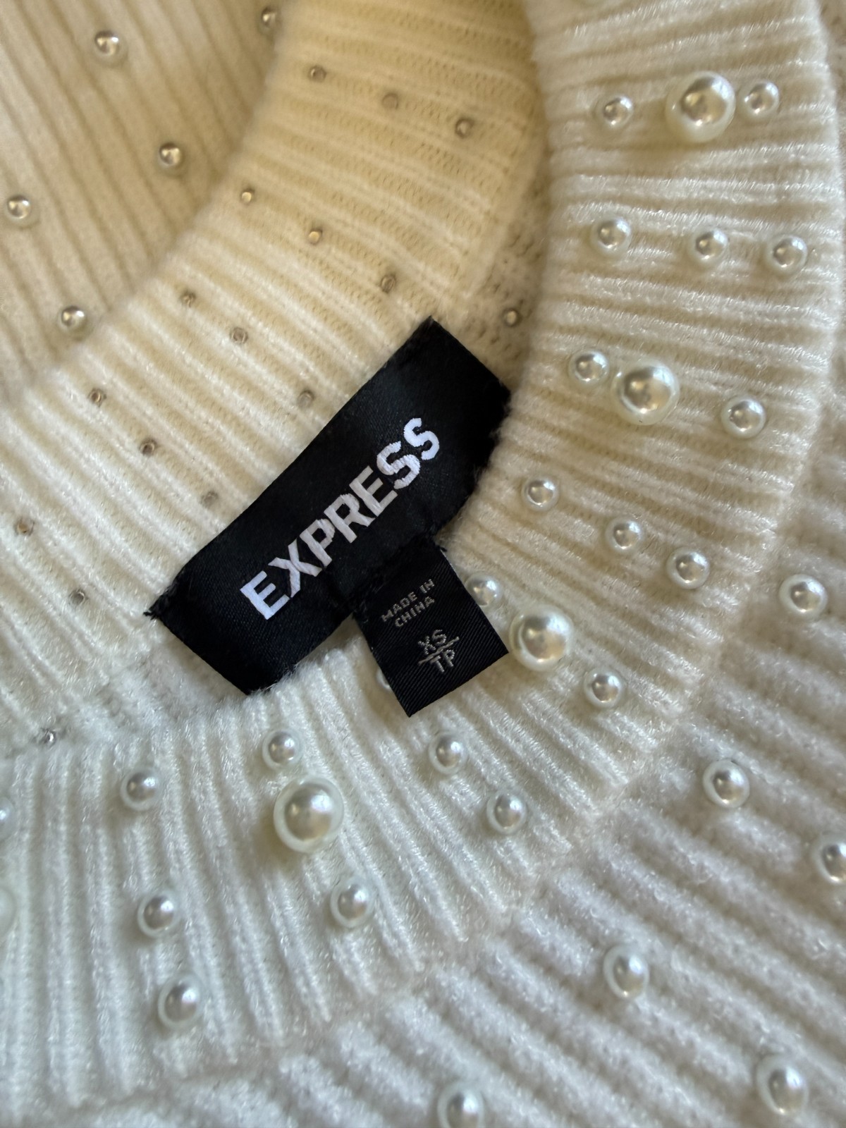 EXPRESS Pearl Embellished Long Sleeve Crew Neck Sweater Ivory | Size XS