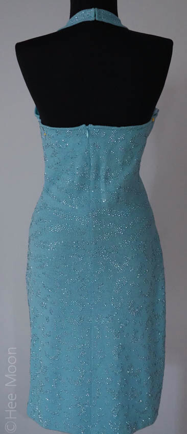 ST JOHN EVENING LIGHT AQUA BLUE W/ RHINESTONES BEDAZZLED Cocktail Dress SZ 6