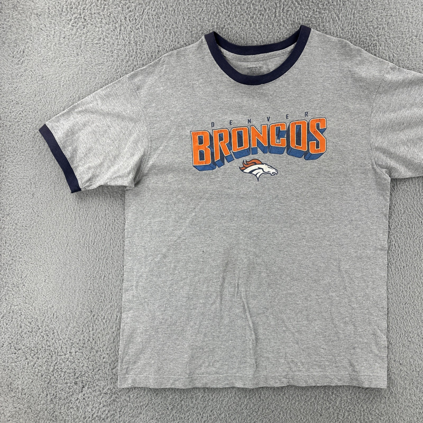 Reebok Adult Size Large Gray Ringer T Shirt NFL Denver Broncos Football Y2K Tee