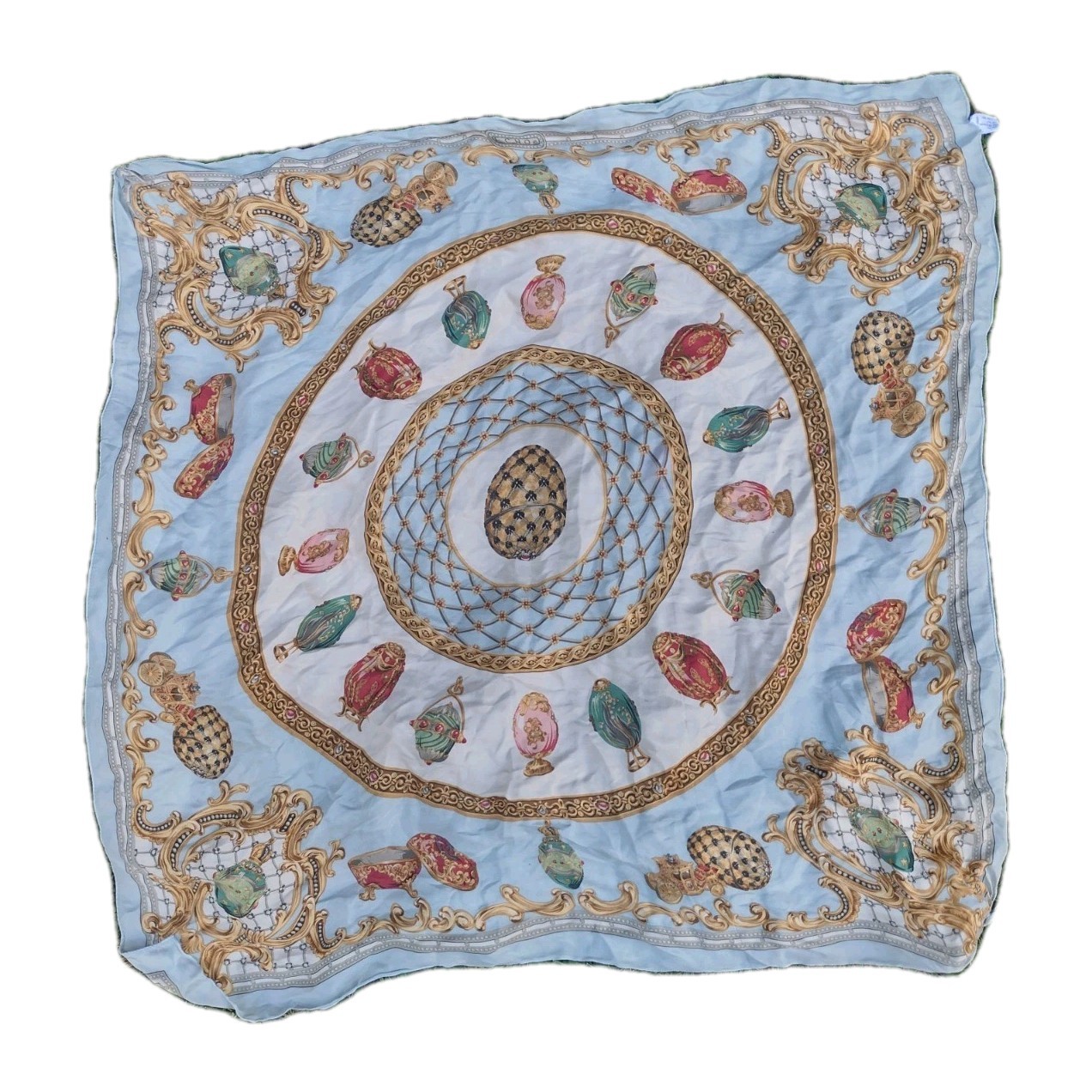 Met Museum Silk Scarf Faberge Egg Print Vintage Japan Art Deco Collector 34”