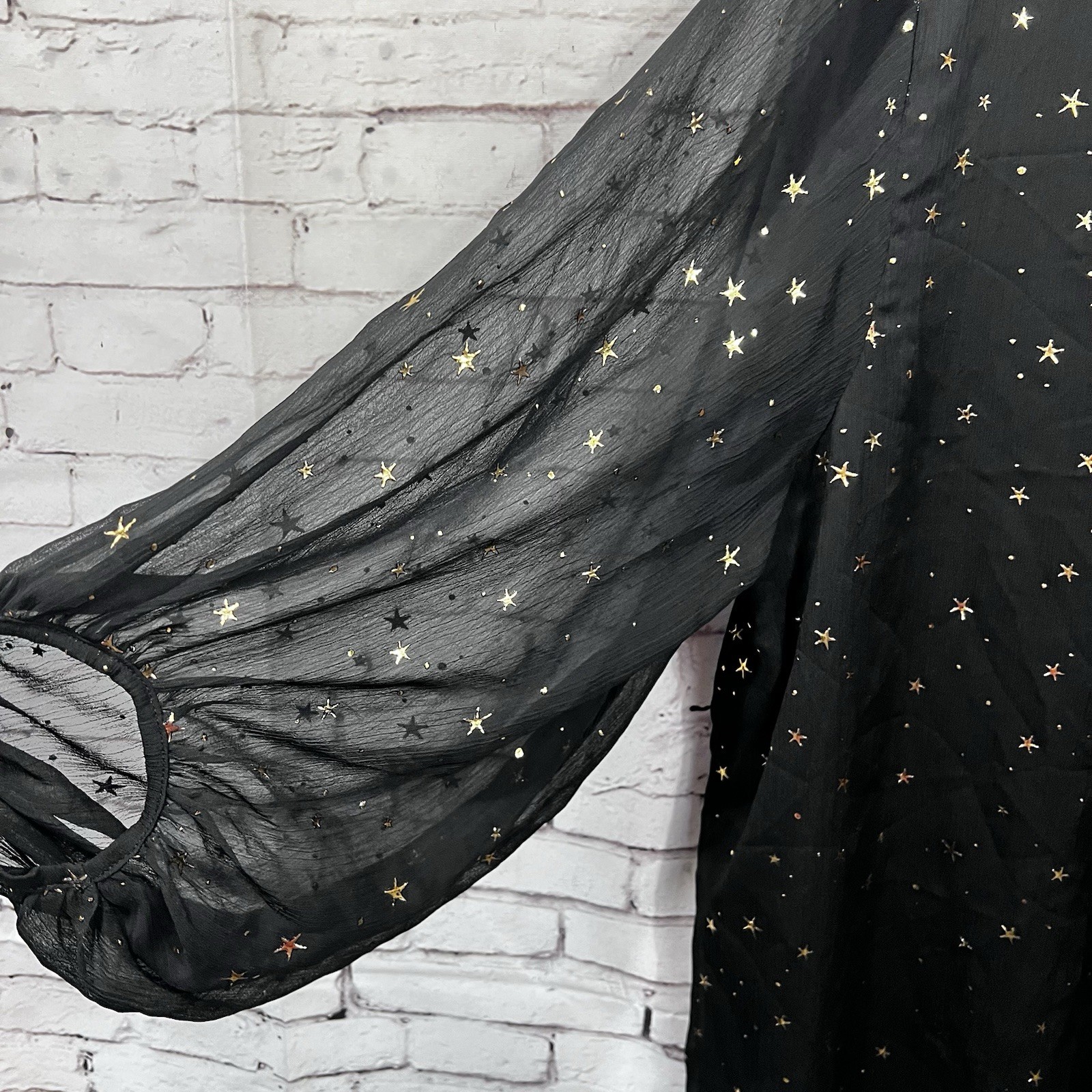Entro Plus Size 1X NWat Blouse Black Gold Celestial Stars Sheer Long Sleeve
