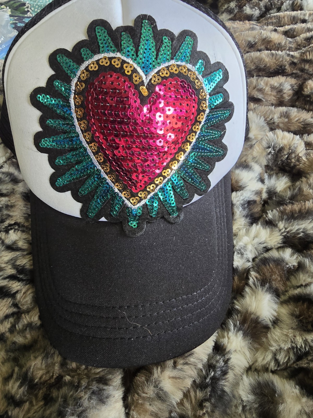 Custom Handmade Trucker Hat. Black with sequined heart patch