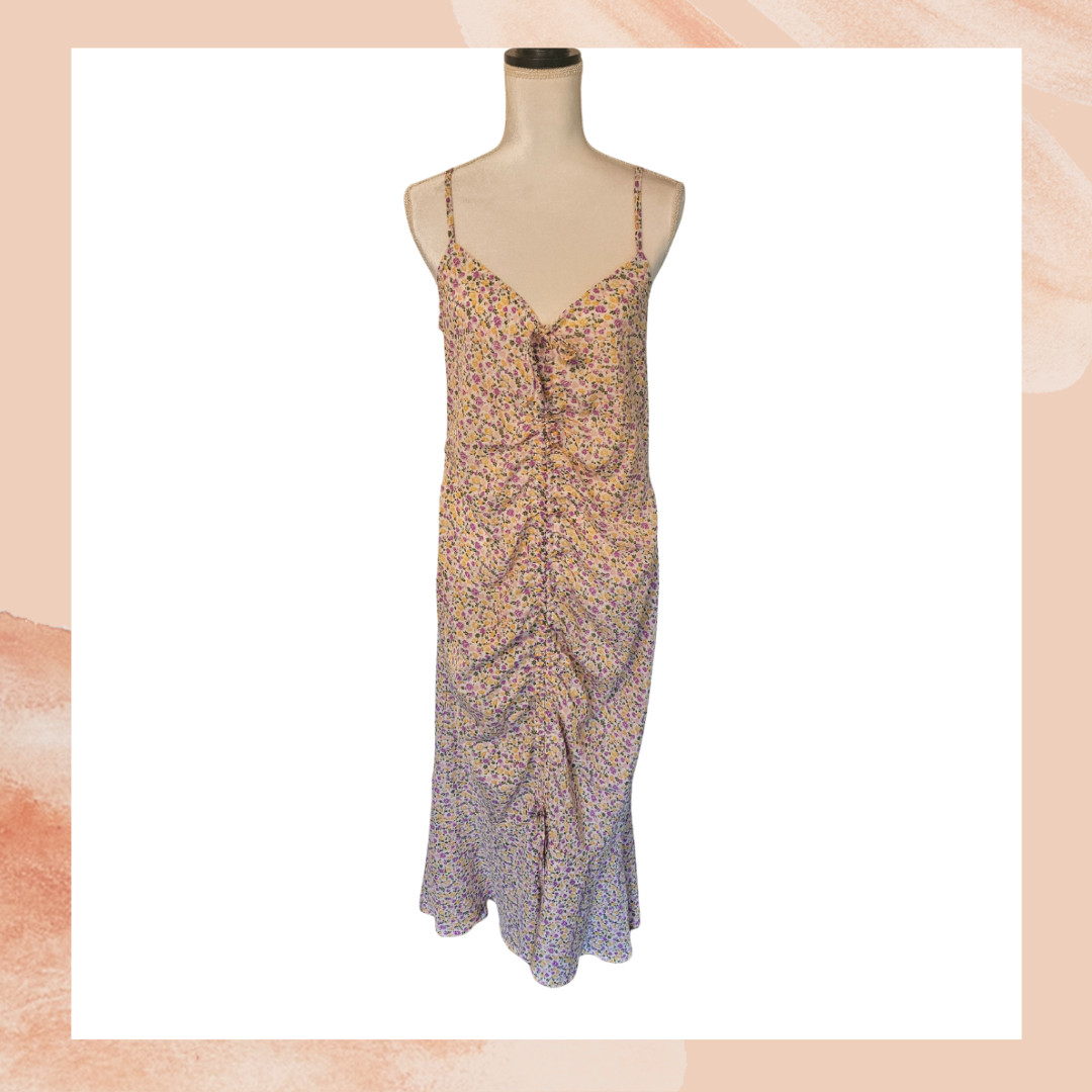 Floral Sleeveless V-Neck Spaghetti Strap Ruched Front Midi Dress OS