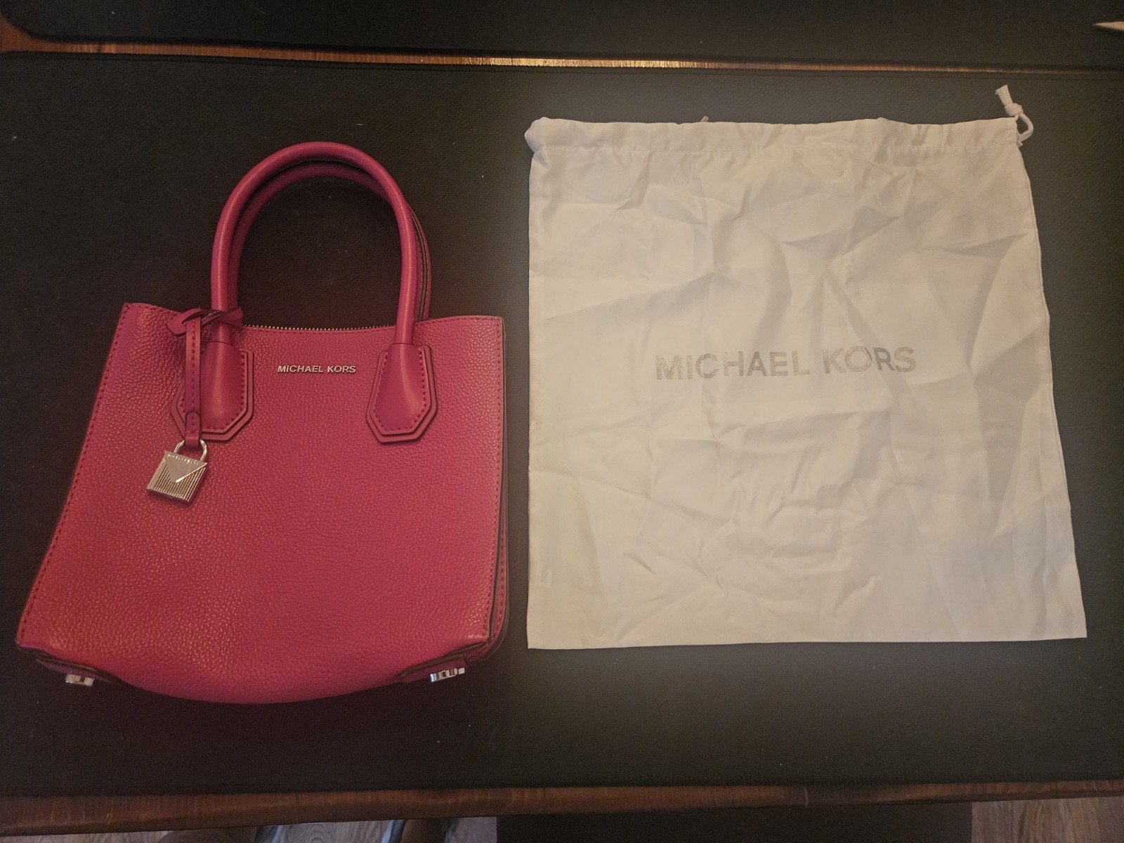 Michael Kors Pink Pebbled Satchel Bag with Zipper, Logo, Strap Accent & Dust Bag