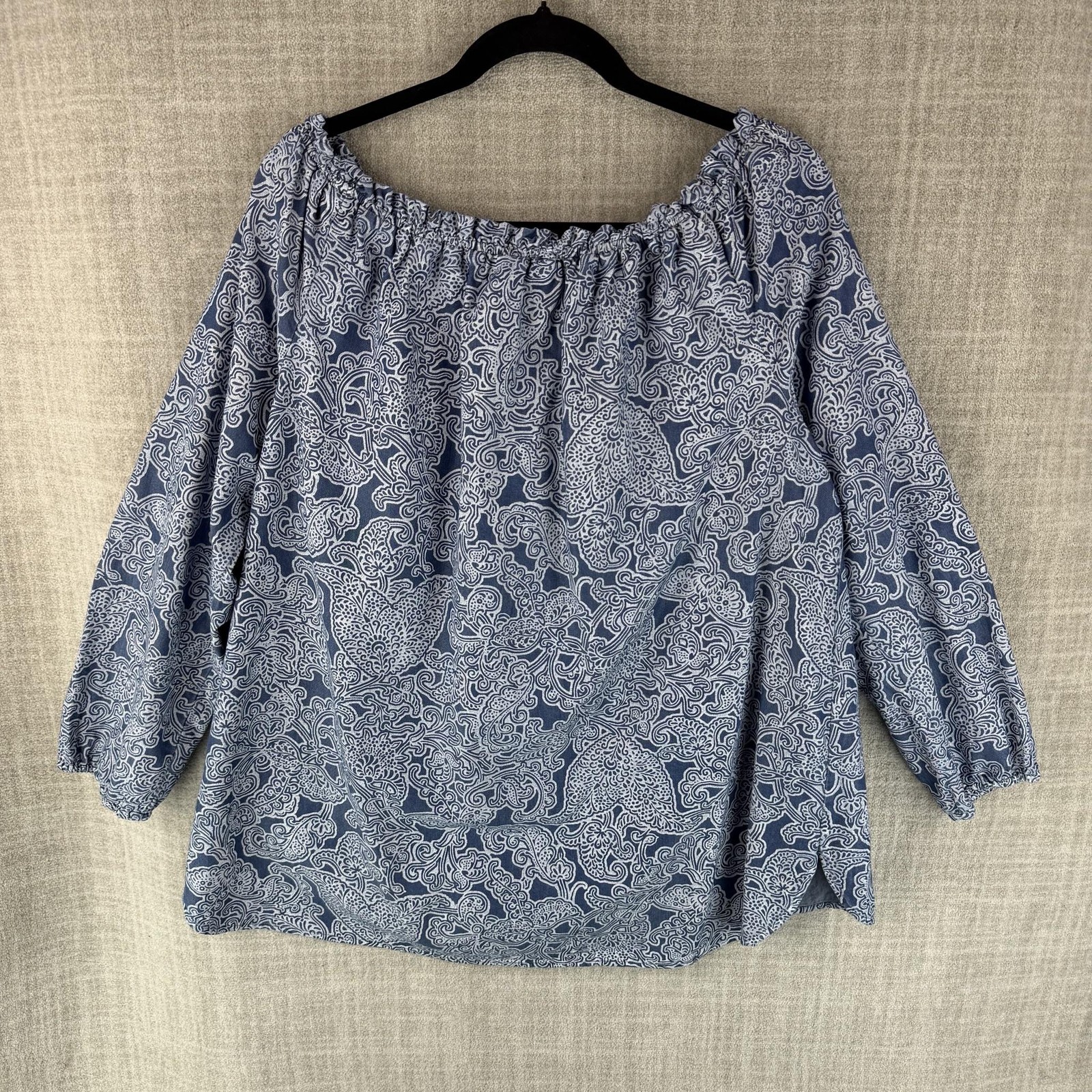 Jones New York Blouse Womens L Blue Paisley Tunic Off Shoulder 3/4 Sleeve