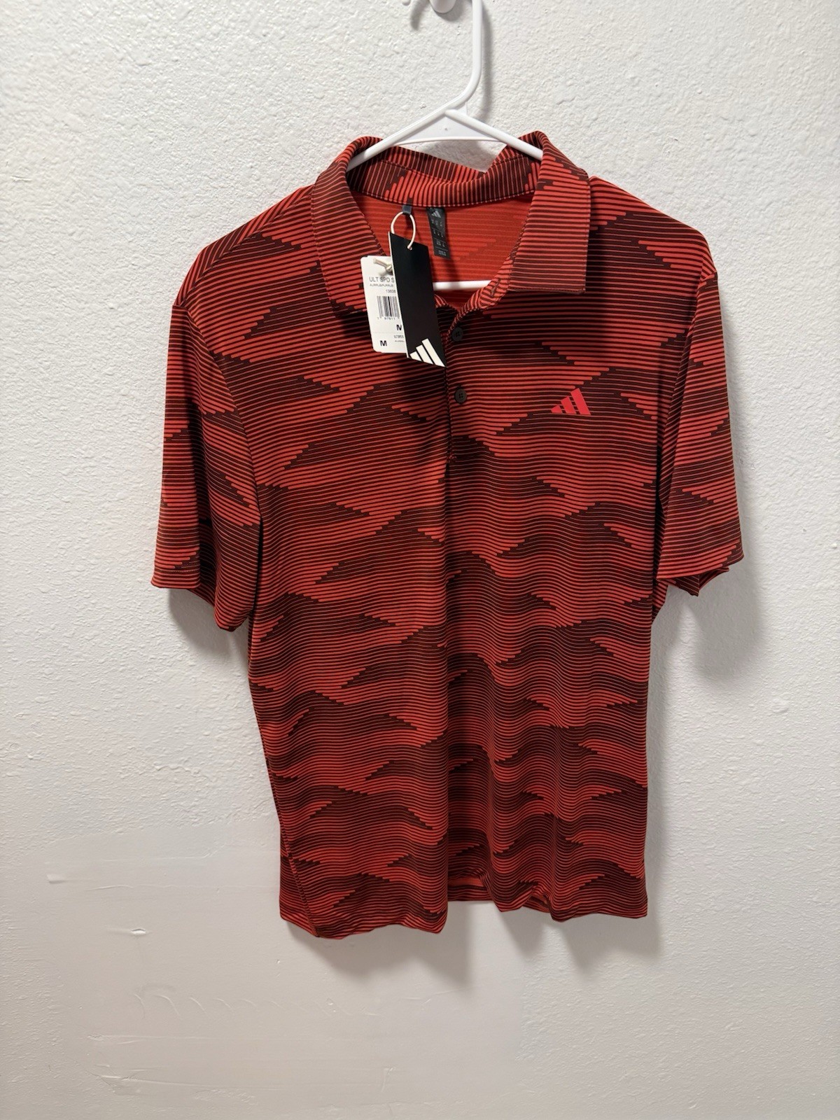 Adidas Golf Ultimate365 Red Speed Stripe Pattern Polo.