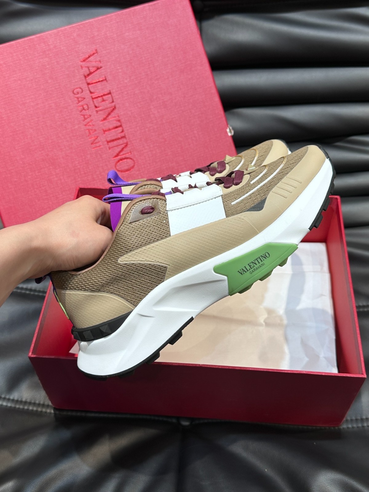 Valentino Garavani Sneakers Beige Brown Knit Runner Shoes EU 38-45 New With Box