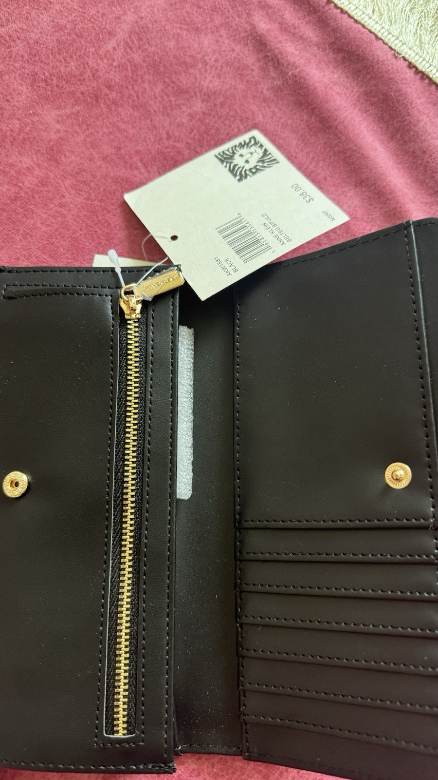 Anne Klein Black Zip Card Wallet, Credit Card Slots, Logo, Solid, Women