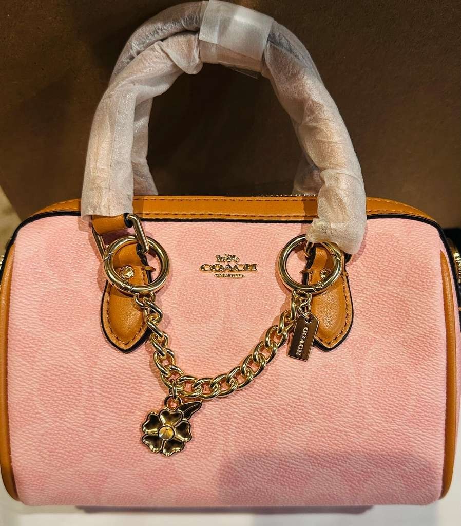 Coach Mini Rowan Crossbody Bag In Signature With Charms in Powder Pink CEK79