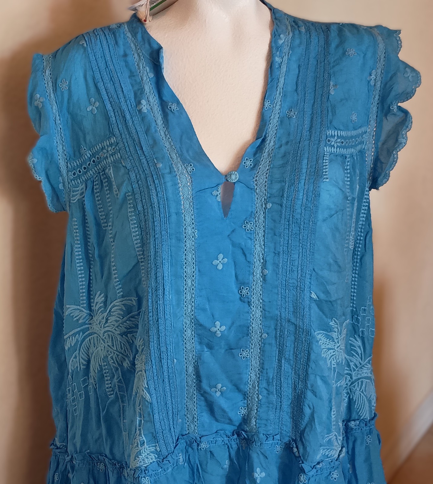 NWT JOHNNY WAS Azure Blue Palm Oriana Eyelet Lace Tunic SZ L